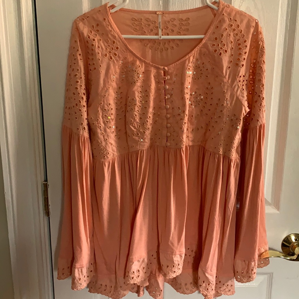 Free People Sparkly Eyelet Bell Sleeve Blouse Size Small
